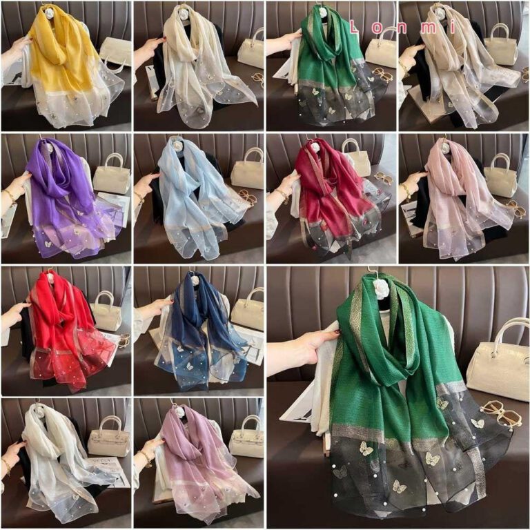Lonmi 90x90 ซม. ผ้าพันคอปักผีเสื้อ, ผ้าพันคอไหมปักหรูหรา, ผ้าคลุมไหล่ชายหาดเรียบระบายอากาศได้ทนแดด